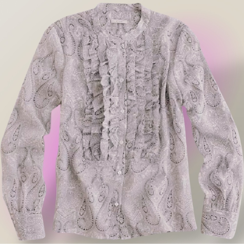 J. Crew 100% Silk ‘Faded Paisley Flouncette Blouse’ in White & Black Size 6